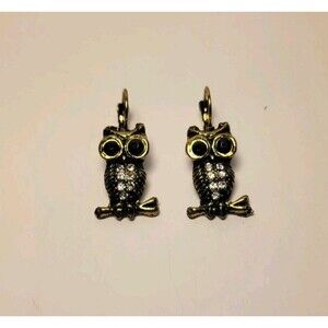 Owl Bird Black Stone Clear Dangle Bronze Tone Earrings Steampunk Nature